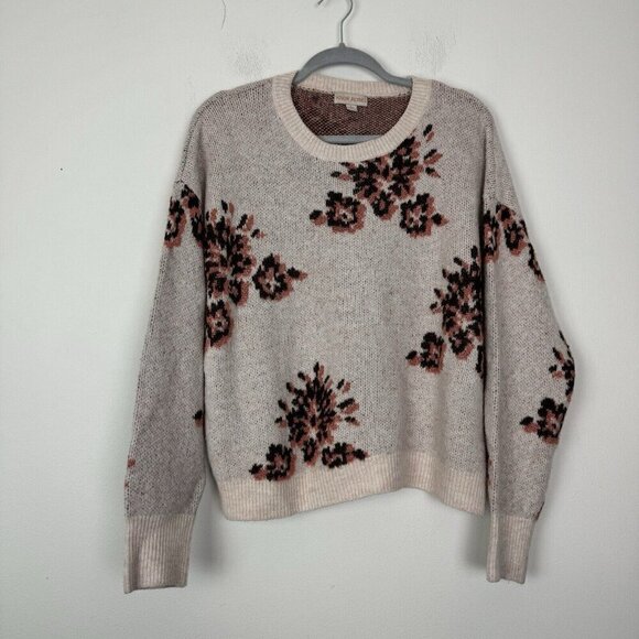 Knox Rose Sweaters - Knox Rose Woman’s Oatmeal Floral Long Sleeve Knit Crewneck Size Large